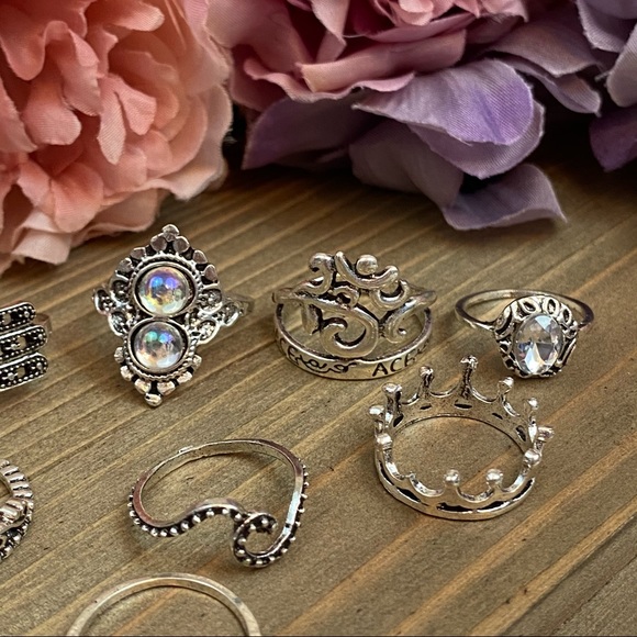 16 Pcs Boho Black & Silver Crystal Gem Ring Set - Picture 9 of 14